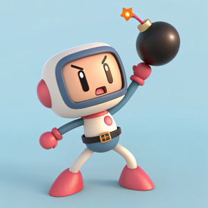 A 3D rendered Bomberman character, expressive face, throwing a bomb. Dodging pose. Outfit casual with mixed textures. Simple, flat background in pastel blue.