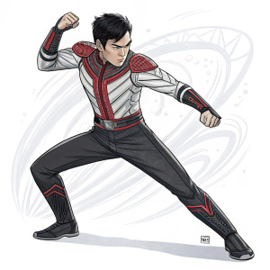 Shang Chi, Marvel Comics character, fierce battle stance. White background with black outlines, digital sketch