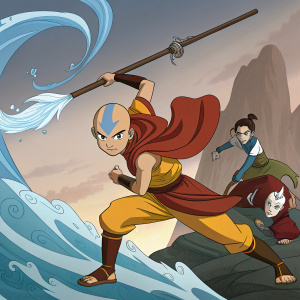 Promotional art for 'Avatar: The Last Airbender'. Characters Aang, Katara, Sokka in dynamic action poses. Vibrant colors, dramatic background