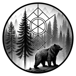 vegvisir runes geometric symbol - bear and trees - tattoo design - perfect realistic art - high-definition - grey and black - white background 