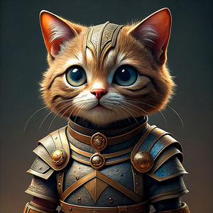 Realistic adorable kitten, in armour, full body