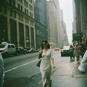 Jenna Dewan, stylishly dressed in a white dress, sunglasses perched on her head, walking confidently through a bustling cityscape.