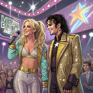 Britney Spears and Michael Jackson at the 2002 MTV Video Music Awards. They are standing on a brightly lit stage, surrounded by vibrant, neon lights and a cheering crowd.