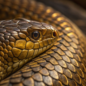 A detailed photograph of snakeskin, showcasing a complex array of gold and brown scales. The texture reveals intricate layers and depth.