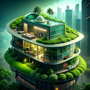 "The Green Haven" - Design a smart home concept that integrates solar panels, wind turbines, and geothermal heating systems to power the entire house. The design should include a green roof and living walls to improve insulation and air quality, rainwater harvesting systems for watering plants and flushing toilets, and an advanced home automation system to optimize energy use based on real-time weather and the occupants' habits. vibrant color, high contrast UHD, cinematic, ultra realistic, style