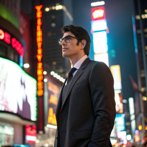 Brandon Routh as Clark Kent. Dark suit and glasses. Standing in Times Square. Neon lights in background