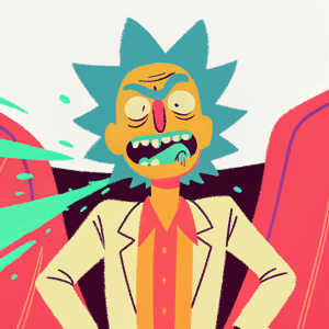 3D render of Rick Sanchez from Rick and Morty. Intense facial expression, teeth bared, green energy emanating from mouth. Set against a sleek, modern background, Rick stands with hands on hips.