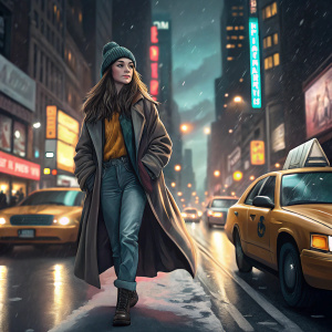 Hailee Steinfeld, wearing a long coat, jeans, and beanie, walking down a busy New York street at night. Bright city lights, taxis zooming by.