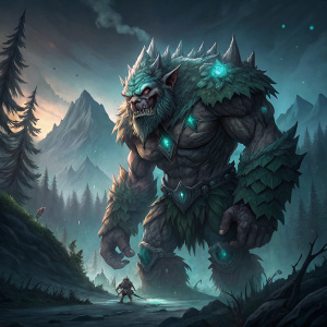 Concept art for Battle Chasers: Nightwar, featuring a fearsome Crystalback Troll. This towering creature with a weathered, rocky exterior is set against a dark, foreboding landscape.