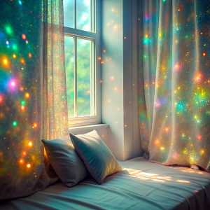 close real retro light pastel bedroom bed window curtain books  The ultra mini Bioluminescent phenomenon ultra glitter   Amazing light reflections shimmering light reflections
