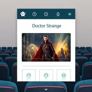 Screenshot of a movie ticket booking app. Doctor Strange movie poster visible. Seat selection screen with available seats highlighted.