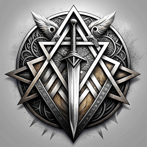 nordic sword and shield geometric symbols -  tattoo design - perfect realistic art - high-definition - grey and black - white background 