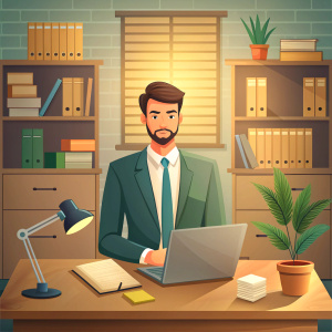 Lawyer online concept. Young guy with documents evaluates webpage for plagiarism. Protection of rights and legal support, court. Poster or banner for website. Cartoon flat vector illustration