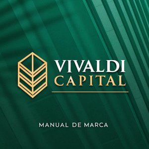 A sleek logo for 'Vivaldi Capital' set against a vivid green background. Below the logo, 'Manual de Marca' in Spanish. The design incorporates sharp angles and clean lines with hints of gold accents.