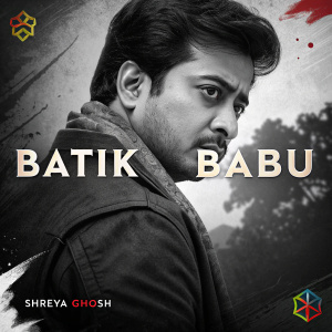Promotional poster for Bengali movie 'Batik Babu'. Directed by Shreya Ghosh. Close-up of actor's face. Black, white and few colors. Bengali text in bold font outlines the plot.