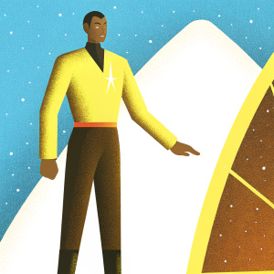 Digital illustration of William Riker, Starfleet officer, in his Star Trek: The Next Generation uniform. Against a dark, nebula-filled space background.