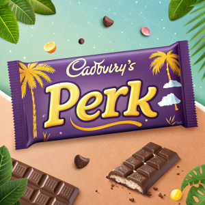 Creative digital ad for Cadbury's Perk chocolate bar. Bright and fun design featuring the brand name and playful cultural references. Aiming to capture attention.