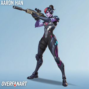 3D render of Widowmaker, dynamic pose, futuristic design, metallic and synthetic materials. Soft blue background. Overfanart logo and artist's name Aaron Han at the bottom.