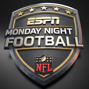 3D model of ESPN Monday Night Football logo, sleek and metallic. Dark background. NFL logo at bottom.