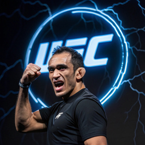 Tony Ferguson, muscular build, dark hair, intense gaze, making a gesture in front of a glowing UFC logo. Dark background with blue accents. High-resolution close-up, event atmosphere captured