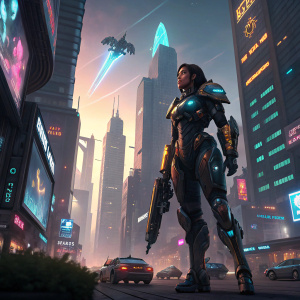 Pharah, the mech queen of Anubis, standing in a futuristic cityscape. Neon lights and towering skyscrapers