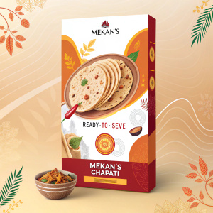 Digital ad for Mekan's Chapati. Vibrant packaging showcasing warm hues. Clear pricing and 'ready-to-serve' details. Modern design