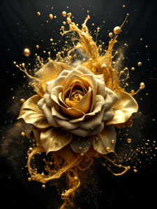 Chinese ink art mixed with gold rose paintings, splashes of colored ink, colored stains, black and gold tones on the empty space. black background