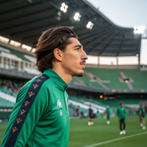 Hector Bellerin, soccer player, training session at Real Betis stadium. Wearing Real Betis uniform. Intense gaze