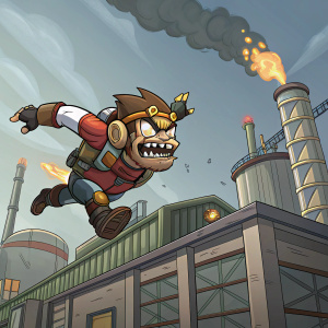 Robust character from Jetpack Joyride game, scowling fiercely, sharp teeth visible. Aerial stunt against industrial building background.