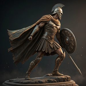 Digital rendering of a bronze statue of Themistocles, an ancient Greek hero. He stands in a powerful combat pose, adorned in traditional Greek armor and a flowing cloak. Dark ambient background