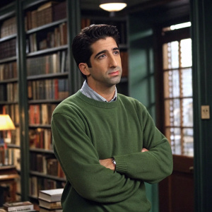 Ross Geller, from Friends, standing in an office. He is wearing a green sweater. The background is filled with bookshelves.