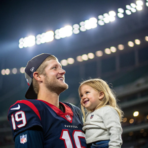 Jeff Driskel, in Houston Texans jersey, holding a baby. Tarin, smiling next to him. Stadium lights in background.