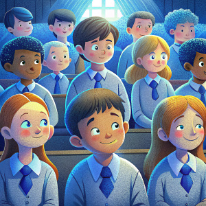 alumnos niñas y niños mirando al altar  felices escuchando misa con uniforme camisa blanca  con su insignia azul redonda pequeña  en el lado izquierdo de la camisa color azul y corbata gris pantalon gris en una actitud  respetuosa pero feliz sentados en la iglesia 