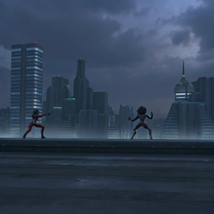Anime characters from Saint Seiya in dynamic poses. Neon cityscape background