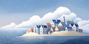 White illustration, Rene magritte style, isolated surrealistic collage of a lot of old Belgian houses and trees on island, huge ocean and big sky, light pastel colors, asymmetrical composition, zoom out view, grainy texturing paper