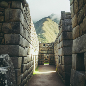 Stone walls of Machu Picchu, intricate stonework. Ancient Incan city, misty mountains, lush greenery backdrop.