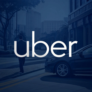 Uber logo, sleek and modern design. White Uber text on dark blue background