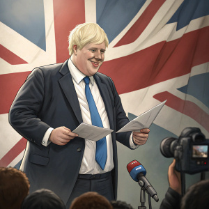 Matt Lucas as Boris Johnson at a press conference. He's dressed in a tailored dark suit, white shirt, and blue tie. Behind him, Union Jack flags flutter. Confident stance, friendly smile, holding a piece of paper.