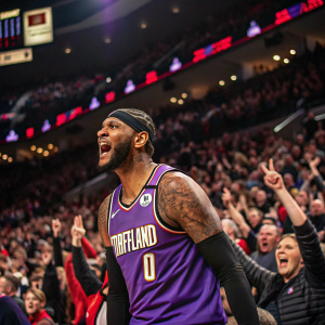 Carmelo Anthony, wearing a purple jersey with the Portland Trail Blazers logo, among a vibrant crowd at a packed basketball arena. The scene buzzes with excitement.