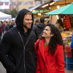 Kellan Lutz and a woman with dark curly hair are at a bustling outdoor market. He's wearing a black hoodie, while she is in a bright red coat. They are both smiling.
