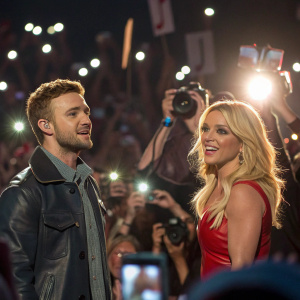 Justin Timberlake and Britney Spears attending a lively concert. Flashing cameras and excited fans in the background.
