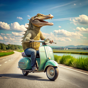 Крокодил едет на скутере Vespa модели 60х годов по дороге, на заднем плане днепровские холмы. В кадре всё максимально резко.