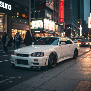 White Nissan Skyline R34 GTR V-Spec II parked in a bustling cityscape. High contrast lighting highlights sleek design.