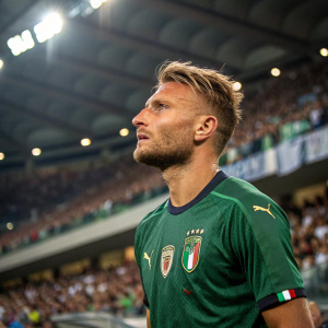 Ciro Immobile, Italian footballer, intense look, wearing green jersey with PUMA logo. Crowded stadium in background.