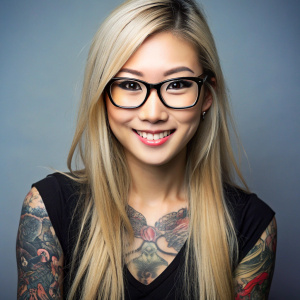 Uma mulher linda, japonesa de óculos e sorrindo, com tatuagens, roupa preta, rosto jovem, cabelos loiros e longos
