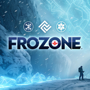 Promotional poster for video game 'Frozen Zone'. Multiple logos and 'FROZONE' text. Background is digital artwork with icy, abstract shapes.