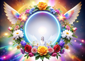 crea un hermoso ovalo largo vertical para fotos vacio luminoso 3d con una hermoso Angel sonrriente con alas luminosas y coloridas, afuera a un lado del ovalo con una deadema de flores en la cabeza   coloridas y con dos rosas hermosas coloridas y 3 flores blancas 3d realistas al rededor con destellos de luces coloridas con estrellas en un fondo totalmente blanco con un hermoso y un colorido Corazon grande y una hermosa estrella 3d el fondo de la imagen totalmente blanco