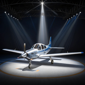 Cobalt Valkyrie aircraft showcased at aviation expo. Dark background with spotlight on sleek design. Features 350-hp engine, canard configuration, airframe parachute, and reaches 230 mph speed.