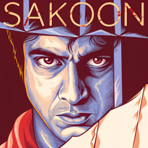 Movie poster for 'Sakoon'. Dark background, actor's face with intense expression