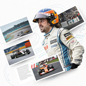 A digital layout featuring Fernando Alonso in his racing gear. Alongside are various racing-themed illustrations and photographs, set against a backdrop of a sleek sans-serif font.